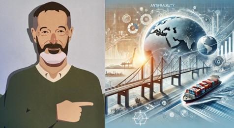 Illustration of Aurelio Puerta Marín next to an image of global trade and antifragility